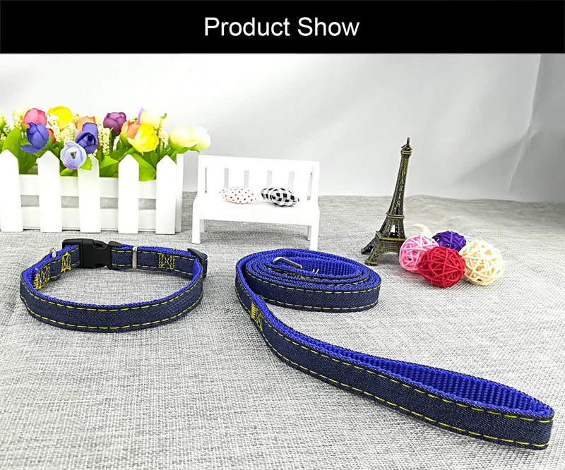 Newtensina Fashion Dogs Collar and Leash Set Denim Cloth Puppy Collar with Leashes for Dogs - Blue - S - PawsPlanet Australia