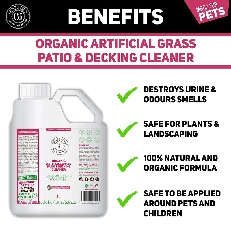 C&G Pets | Organic Artificial Grass, Patio And Decking Cleaner | Destroys Pet Cat Dog Urine Smells | Antibacterial Natural Enzymes Disinfectant Will Totally Destroy Outdoor Urine Stains 1 Litre 1 l (Pack of 1) - PawsPlanet Australia