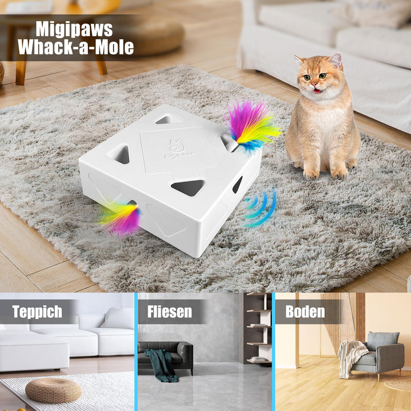 Migipaws Cat Toy, Interactive Automatic 7-Hole Mouse Whack-A-Mole, Smart Teaser Toy, 4 Pieces Feather Accessories, Funny Cardboard Design, USB Rechargeable - PawsPlanet Australia