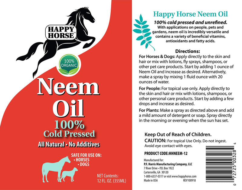 Happy Horse Neem Oil, 100% Cold Pressed and Unrefined, Cosmetic Grade, Add to Horse Fly Spray, 12oz - PawsPlanet Australia