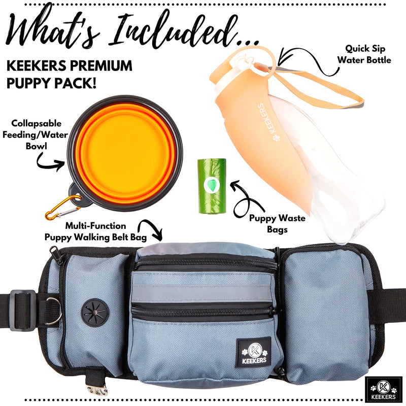 Keekers Handy 4-in-1 Dog Treat Pouch Kit - Fanny Pack with Water Bottle Holder, 20 oz Dog Water Bottle with Foldable Cup, 1 Roll of Waste Bags, and Collapsible Portable Dog Bowl Orange - PawsPlanet Australia