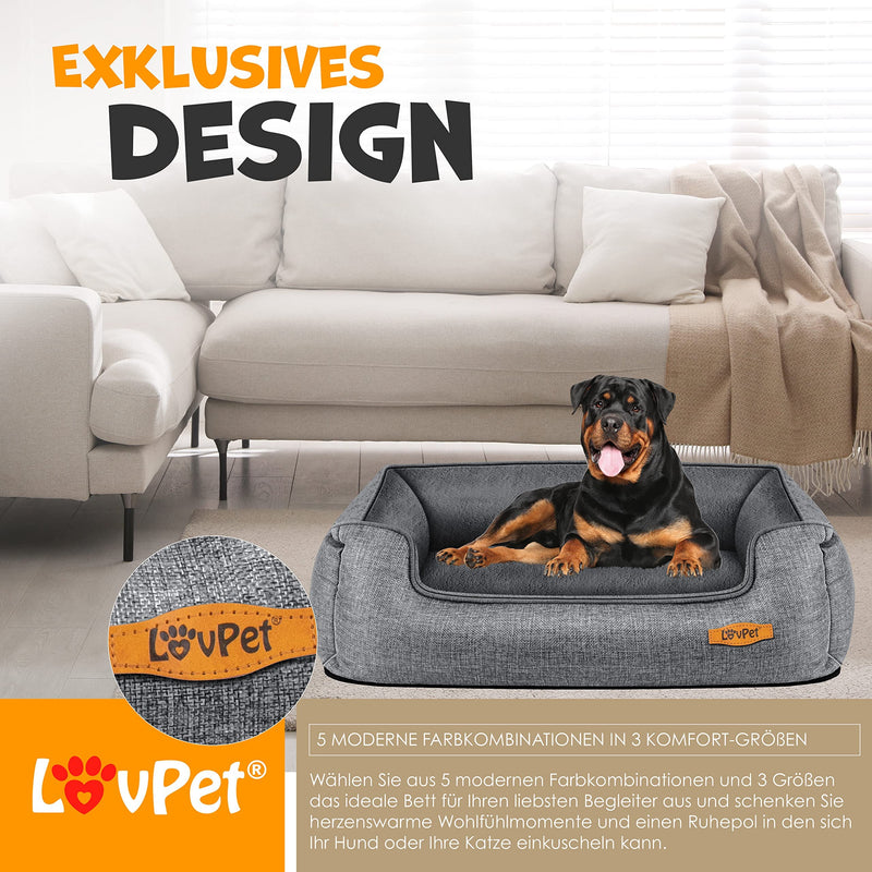 Lovpet® dog bed, dog cushion, dog basket, chiller, including bowl + 3 x chewing bones, dog sofa cushion for small, medium and large dogs, cover removable and washable, L 90 x 75 x 25 cm, gray L (90 x 75 x 25 cm) - PawsPlanet Australia