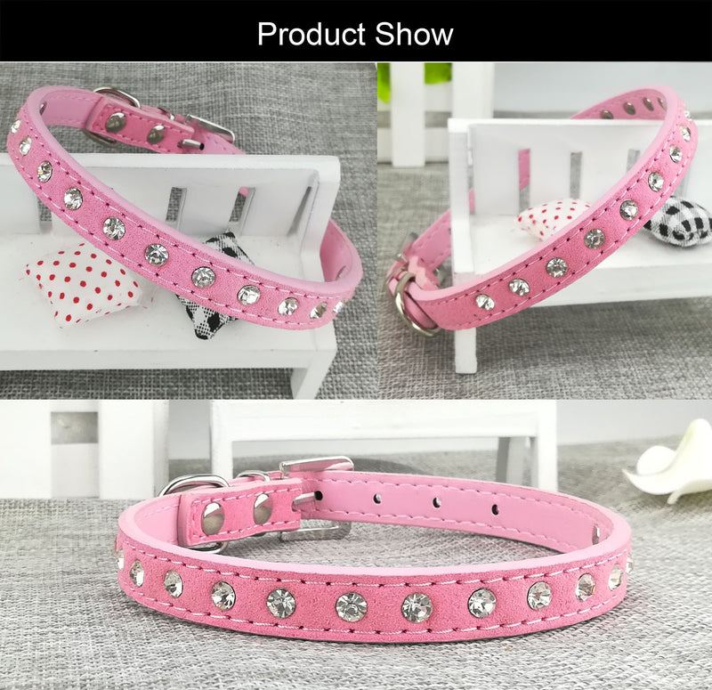Newtensina Cute Diamante Puppy Collar and Leash Set Bling Suede Collar with Lead for Small Dogs Cats - Pink - S - PawsPlanet Australia