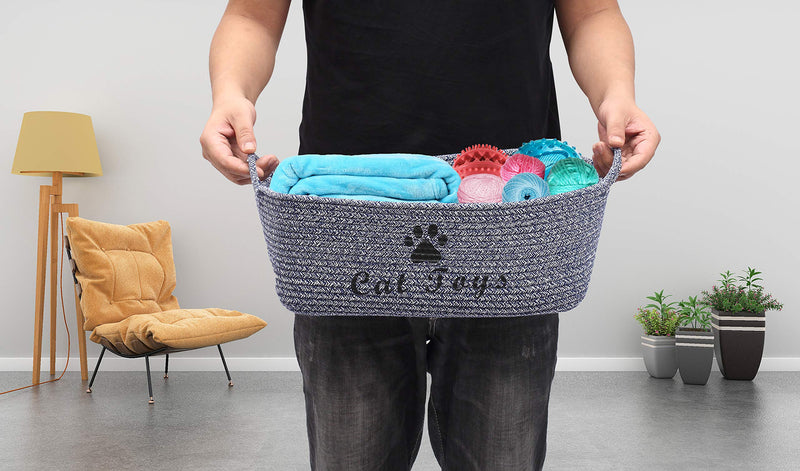 Morezi Durable rope cat toy box with handle, pet toy basket(blue), kitties bed, pet toy box- Perfect for organizing pet toys, blankets, leashes, coats - Cat - Blue Cat Blue - PawsPlanet Australia