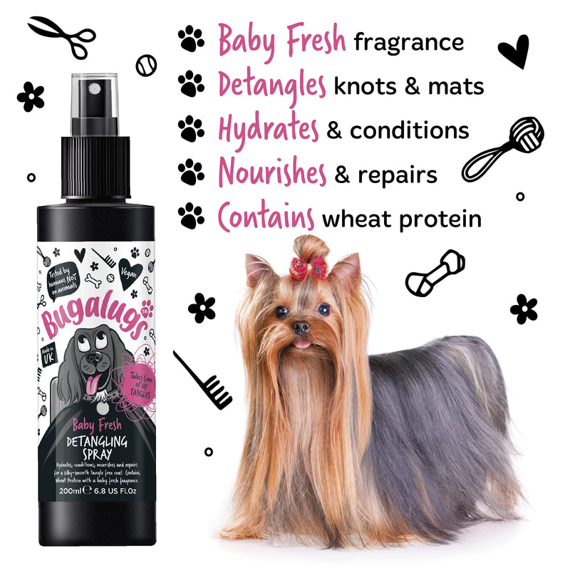 BUGALUGS Baby Fresh Dog Detangling Spray - Dog Hair Conditioner with Baby Powder Dog Perfume - Professional Detangling Spray - Professional Dog Grooming Spray for Your Dog (200ml) - PawsPlanet Australia