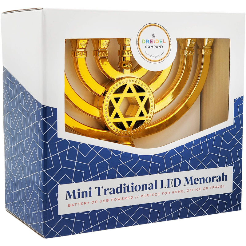 The Dreidel Company Mini Electric Menorah Traditional LED Travel Menora, Batteries or USB Powered, Micro USB 4' Cable Included (Gold) Gold - PawsPlanet Australia