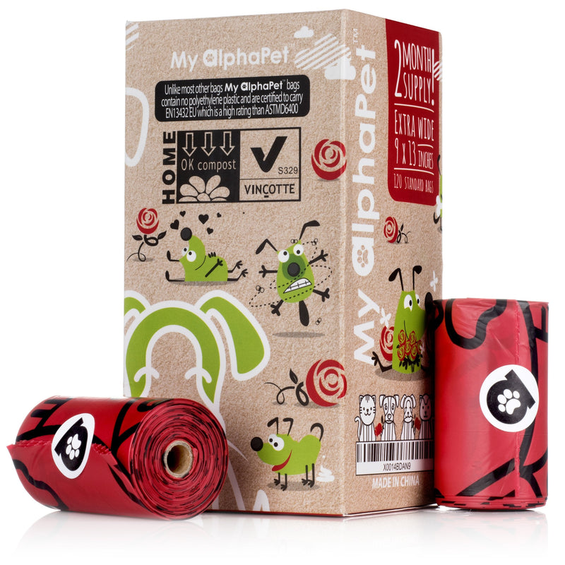 My AlphaPet Dog Poop Bags Refill Rolls - Large Size 9 x 13 Inches - Earth Friendly Highest ASTM D6400 Rated - Leak Proof Doggie Waste Bags 120 Count Scented Red - PawsPlanet Australia