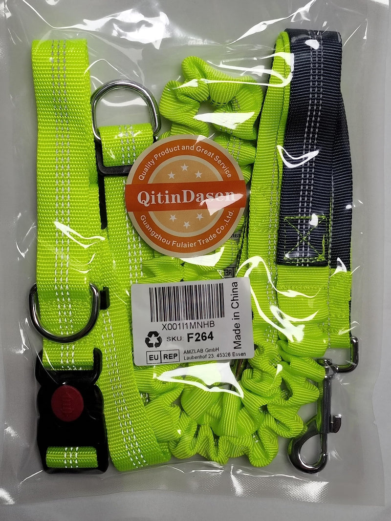 QitinDasen Green Hands-Free Dog Lead, Adjustable Waist Belt and Dual Handles Stretchy Bungee Lead, Jogging Dog Lead with Reflective Stitching (Grey Handle) - PawsPlanet Australia