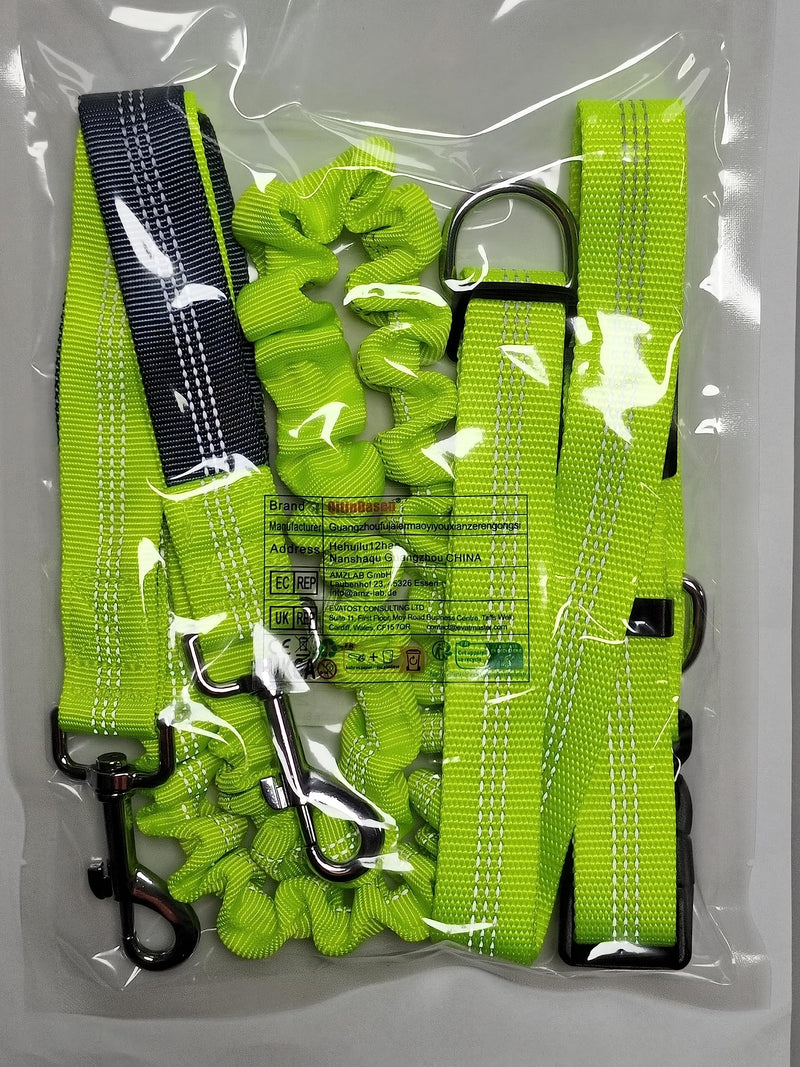 QitinDasen Green Hands-Free Dog Lead, Adjustable Waist Belt and Dual Handles Stretchy Bungee Lead, Jogging Dog Lead with Reflective Stitching (Grey Handle) - PawsPlanet Australia