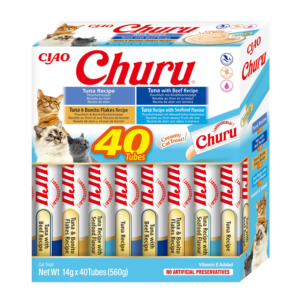 INABA Churu Puree Multipack - 40 tubes in total: 10X tuna, 10X tuna with beef, 10X tuna with bonito flakes and 10X tuna with seafood - PawsPlanet Australia