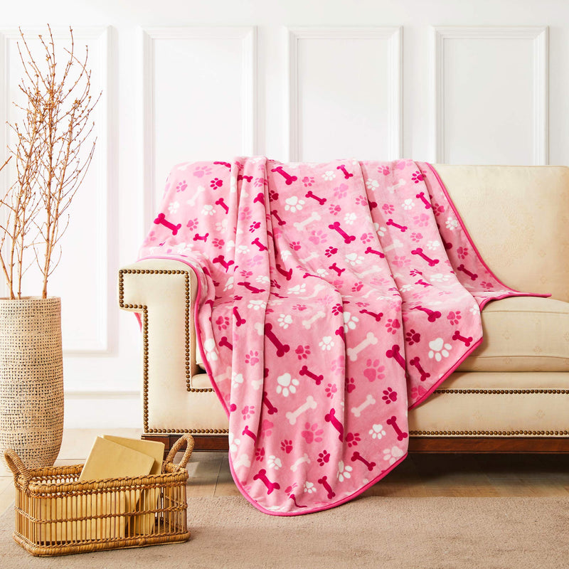 [Australia] - ALLISANDRO 350 GSM-Super Soft and Premium Fuzzy Flannel Fleece Pet Dog Blanket, The Cute Paw and Bone Design Washable Fluffy Blanket for Puppy Cat Kitten Indoor or Outdoor, Pink and Blue 32" x 24" 