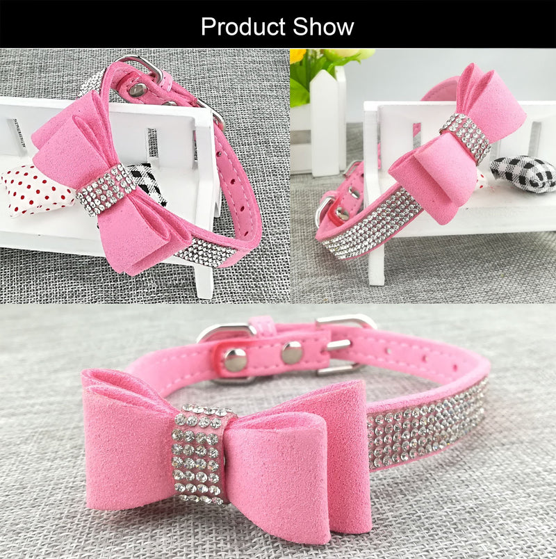 Newtensina Fashion Dog Collar and Lead with Bow Tie Bling Puppy Collar Leash with Bow for Dog - Pink - XS - PawsPlanet Australia