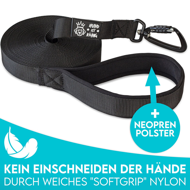 DOG IS KÖNIG® drag leash for dogs - long dog leash 5m / 10m / 15m / 20m with handle padding - robust running leash for dogs with safety carabiner for successful dog training incl. eBook Length: 10m / Width: 2.5cm / Thickness: 1.5mm Black - PawsPlanet Australia