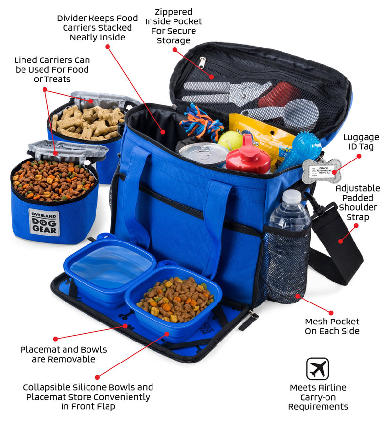 [Australia] - Dog Travel Bag - Week Away Tote For Small Dogs - Includes Bag, 2 Lined Food Carriers, Placemat, and 2 Collapsible Bowls (Blue) 