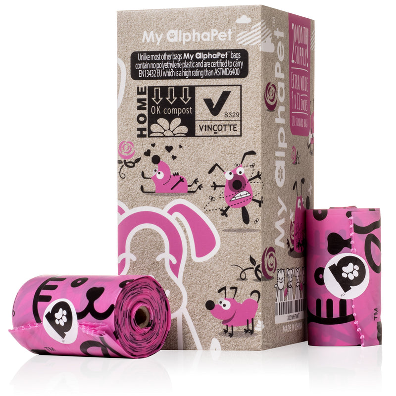 My AlphaPet Dog Poop Bags Refill Rolls - Large Size 9 x 13 Inches - Earth Friendly Highest ASTM D6400 Rated - Leak Proof Doggie Waste Bags 120 Count Scented Pink - PawsPlanet Australia