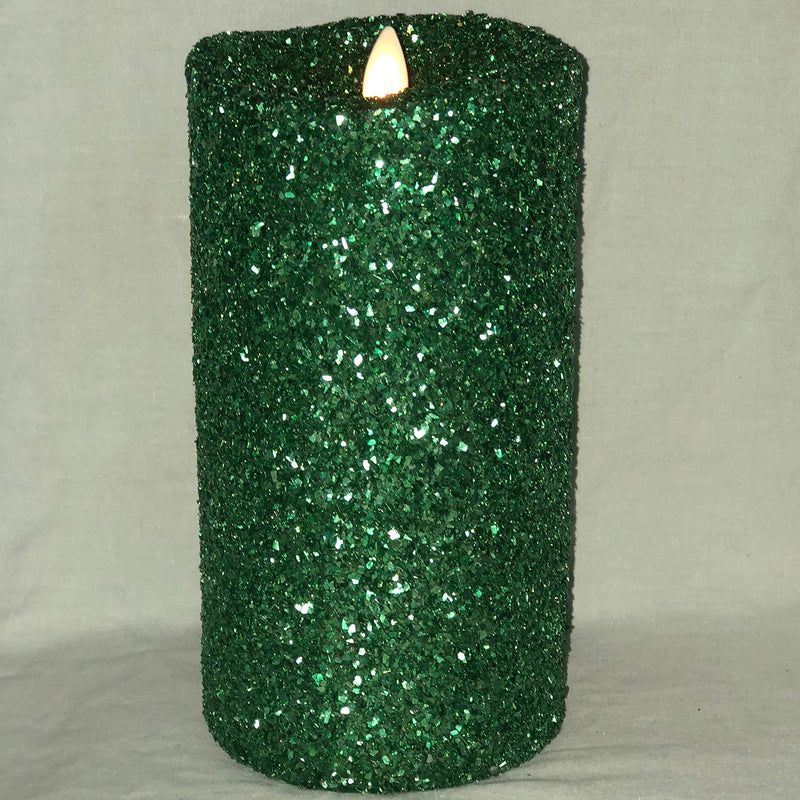 Luminara Vintage Green Glitter 7" Flameless Pillar Candles w/Remote 7 inches - PawsPlanet Australia