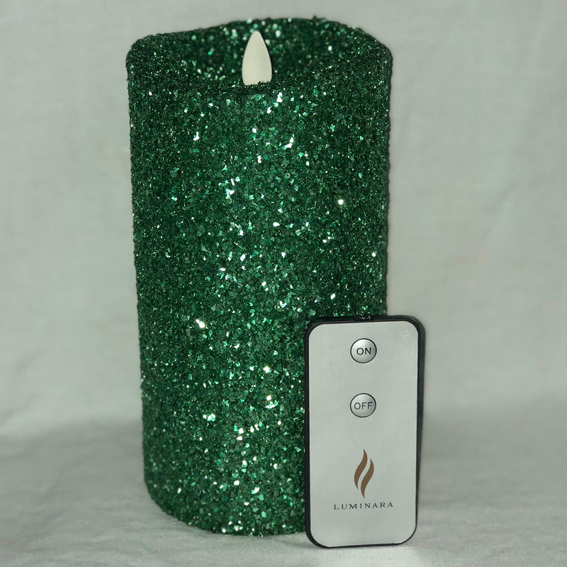 Luminara Vintage Green Glitter 7" Flameless Pillar Candles w/Remote 7 inches - PawsPlanet Australia