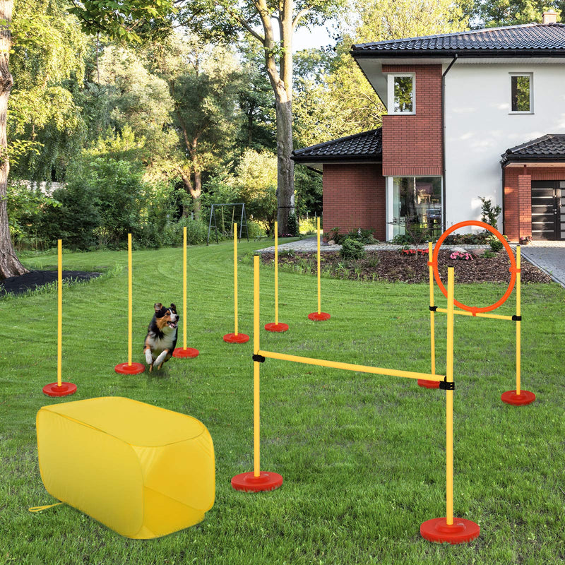 PawHut Portable Pet Agility Training Obstacle Set for Dogs w/Adjustable High Jumping Pole, Jumping Ring, Turnstile poles, Tunnel - PawsPlanet Australia