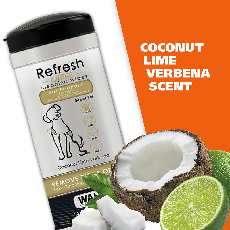 Wahl Dog Wipes Refresh Cleaning Wet Wipes, Remove Pets At Home Dirt and Odors, pH Balanced, Alcohol Free and Paraben Free, 50 Wipes,Coconut Lime Verbena Scent - PawsPlanet Australia