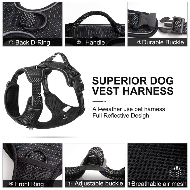 Fida Dog Harness Full Reflective Design, No-Pull Pet Vest Harness with 2 Leash Clips, Adjustable Soft Padded with Easy Control Handle for Small Dogs(S, Black) Small (Neck:10.5"-15";Chest:14"-25") - PawsPlanet Australia
