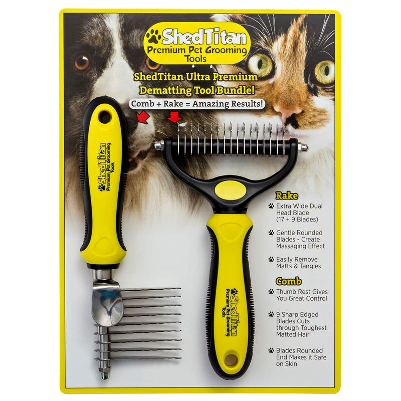 ShedTitan Pet Grooming Tools Value Bundle - 2 Sided Undercoat Rake & Long Teeth Dematting Comb for Dog, Cat, Horse - Easy & Safe Detangler, Dematter, Deshedder, Matt Breaker for Long & Medium Hair - PawsPlanet Australia
