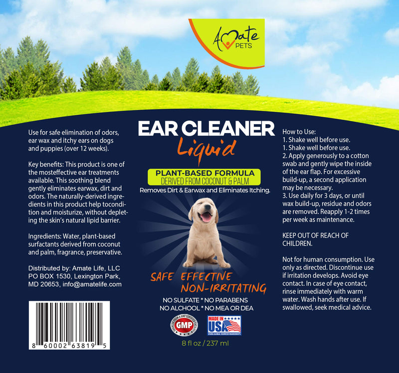 Ear Cleaner for Dogs | Pet Dirt & Earwax Cleanser Solution | Cleans Dog Ear Mites, Yeast and Itching | Alcohol-Free Plant Based Liquid Formula by Amate Pets (8 fl Oz, 237ml) - PawsPlanet Australia