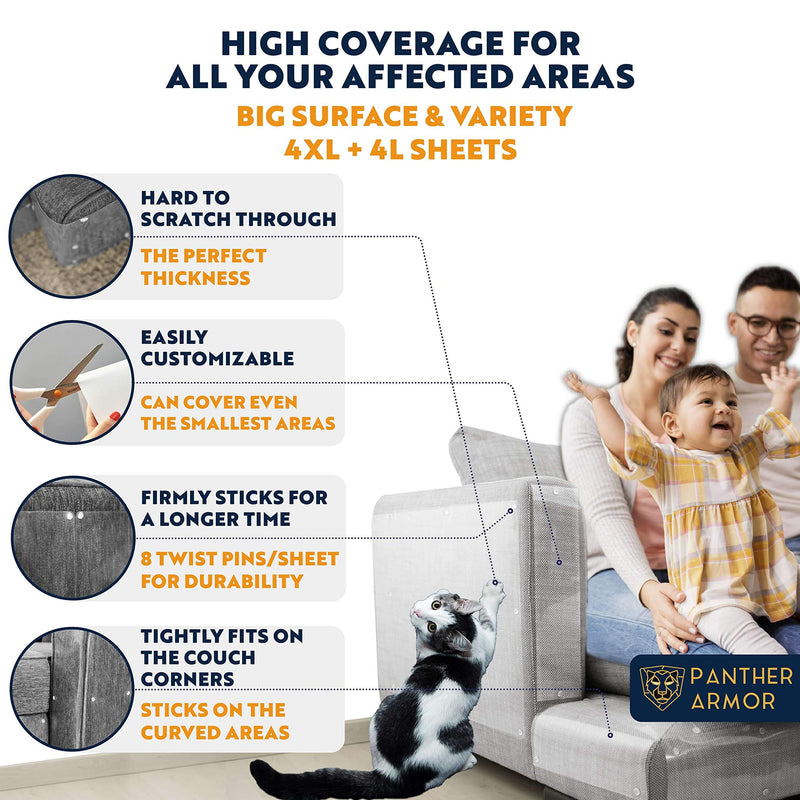 [Australia] - Panther Armor Furniture Protectors from Cat Scratch - 8(Eight)-Pack – Couch Guards for Cats - 4-Pack XL 17"L 12"W + 4-Pack Large 17"L 10"W Cat Scratch Deterrent - Couch Corner Cat Scratch Repellent 