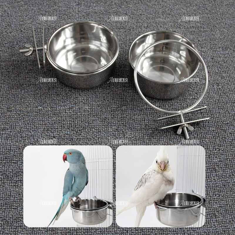 AUEAR, 2 Pack Bird Seed Feeder Parrot Feeding Cups Pet Food Water Dish Stainless Steel Cage Bowls with Clamp Holder for Small Animal Macaw African Gray Parakeet Canary Cockatie Conure Budgies Ferret - PawsPlanet Australia