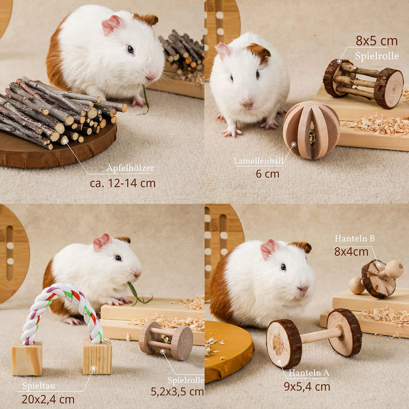 JanYoo Hamster toy, 7-piece guinea pig toy made of wood, apple wood, lamella ball set, dumbbells for rabbits, mice, chinchillas, small animals - PawsPlanet Australia