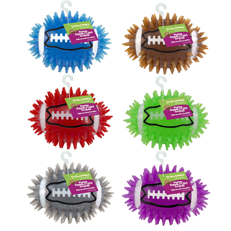 [Australia] - Gnawsome 4.5" Spiky Squeak & Light Football for Dogs - Durable, Rubber Bouncy Puppy Fetch & Chew Toy for Your Pet, Colors Will Vary 