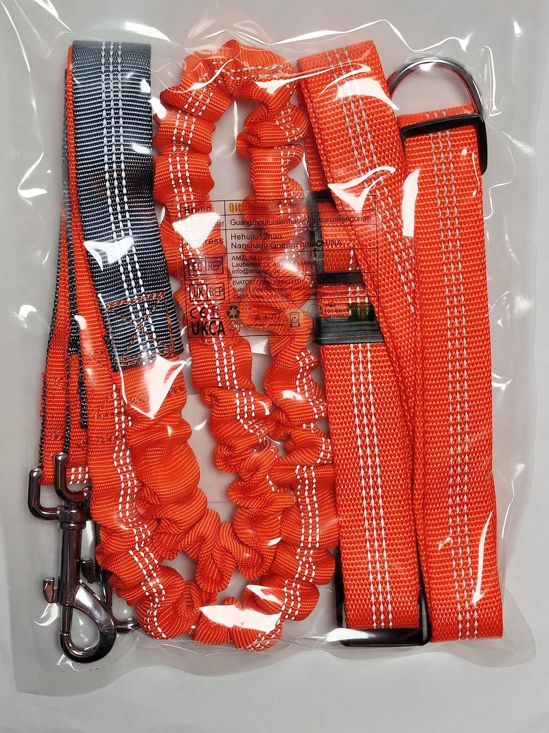 QitinDasen Orange Hands-Free Dog Lead, Adjustable Waist Belt and Dual Handles Stretchy Bungee Lead, Jogging Dog Lead with Reflective Stitching (Grey Handle) - PawsPlanet Australia