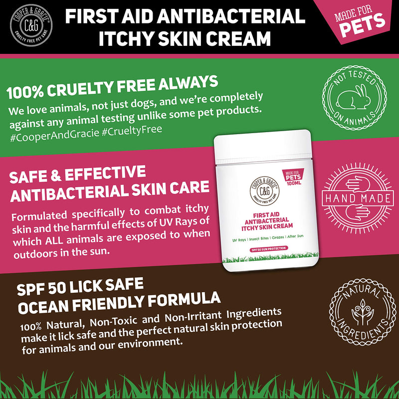 C&G PETS | FIRST AID ANTIBACTERIAL ITCHY SKIN CREAM WITH SPF 50 | 100% NATURAL ESSENTIAL OIL | MAINTAINS CRACKED ITCHY SKIN |LICK SAFE NON TOXIC NON IRRITANT |HIGHLY ABSORBENT SUN CREAM FOR DOGS 100ML - PawsPlanet Australia