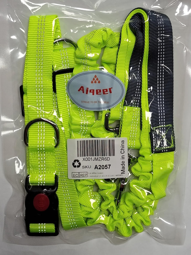 Aiqeer Green Hands-Free Dog Lead, Adjustable Waist Belt and Stretchy Bungee Lead, Jogging Dog Lead with Reflective Stitching (Grey Handle) - PawsPlanet Australia