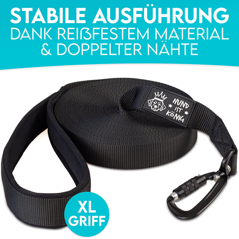 DOG IS KÖNIG® drag leash for dogs - long dog leash 5m / 10m / 15m / 20m with handle padding - robust running leash for dogs with safety carabiner for successful dog training incl. eBook Length: 5m / Width: 2.5cm / Thickness: 1.5mm Black - PawsPlanet Australia