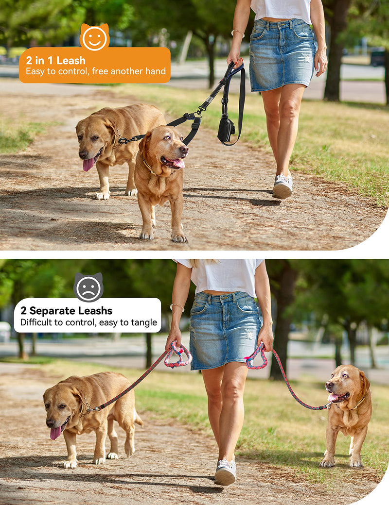 YOUTHINK Double Dog Lead, No Tangle 360°Swivel Rotation Two 2 Dog Lead Leash, Dog Lead for Walking 2 dogs No Tangle up to 80KG with Reflective Stitching & Waste Bag Dispenser Black - PawsPlanet Australia