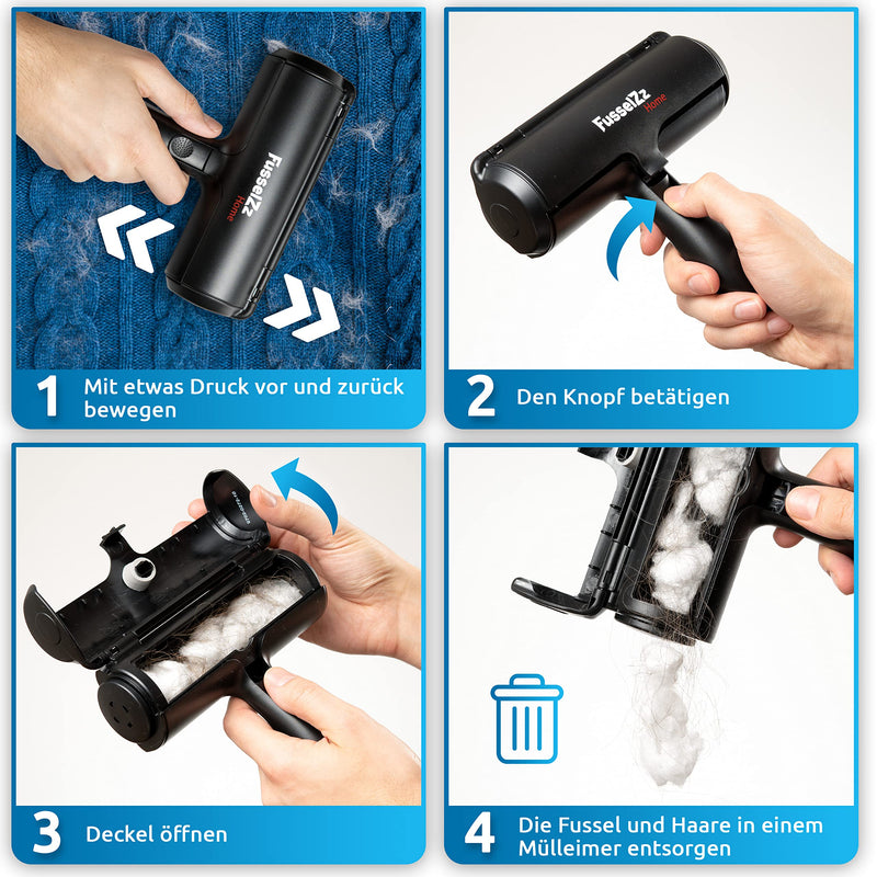 FusselZz® Home Premium Lint Roller Black Animal Hair - Self-cleaning animal hair remover for removing cat hair and dog hair, reusable cat hair remover on sofa, carpet and bed - PawsPlanet Australia