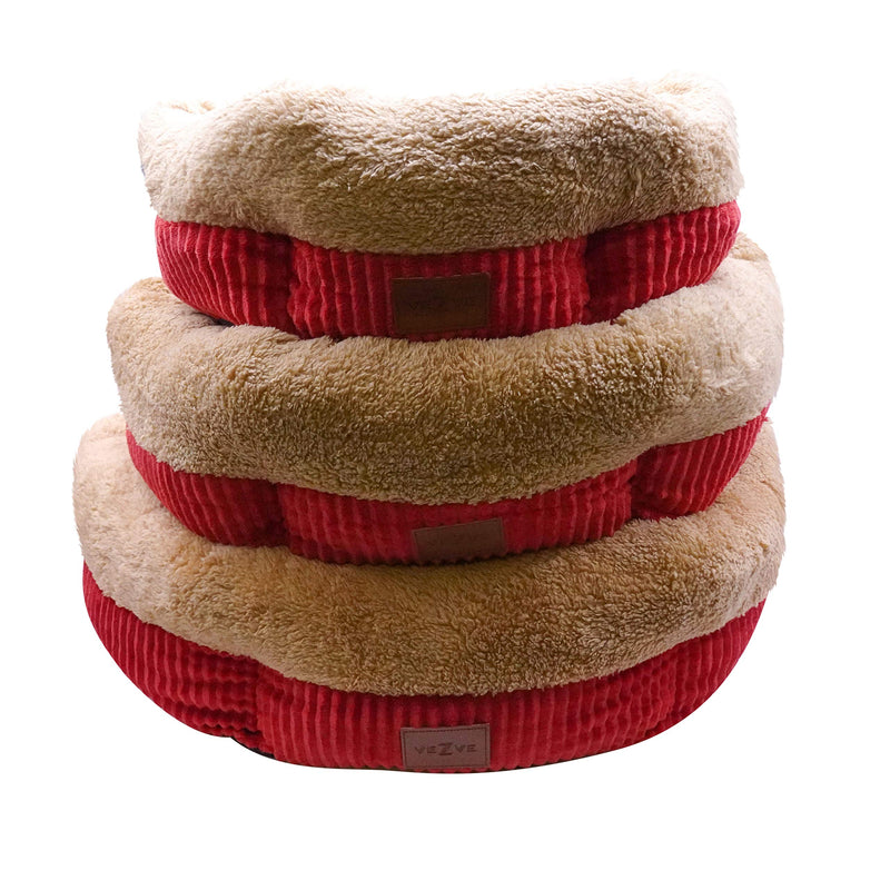 [Australia] - veZve Round Warming Dog Sleeping Indoor Bed Red Donut with Skin Contact Safe Reversible Memory Foam Washable Firmness Small 