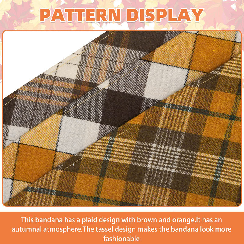 Dog Bandana Plaid Bandana - Washable Replaceable Scarf Soft Pet Square Tassels Brown and Orange Autumn Triangle Bids - PawsPlanet Australia