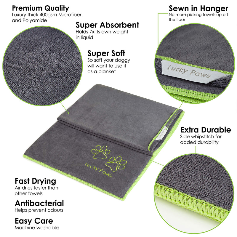 Lucky Paws® Dog Towel - Large - Super Absorbent Microfibre Towel - Fast Drying - Super Soft - UK Based Seller - 140 x 70cm - Premium Pet Towels - Machine Washable & Dryable - Grey Pack of 1 - PawsPlanet Australia