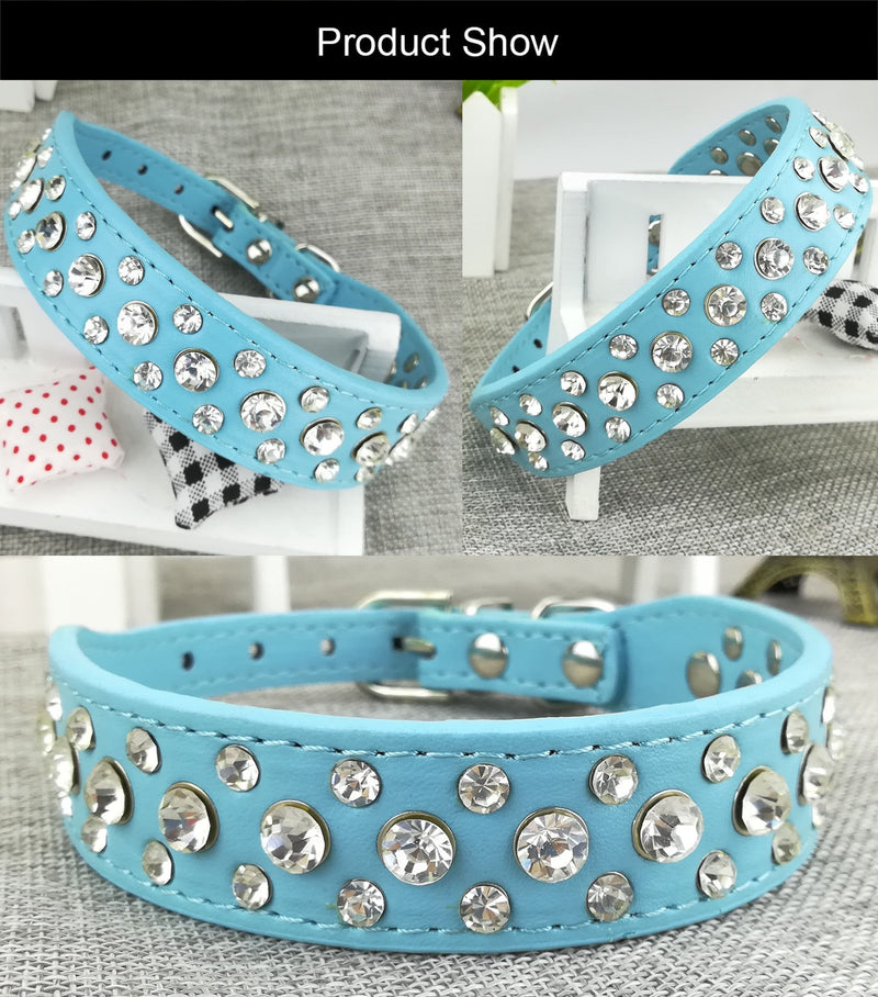 Newtensina Fashion Dog Collar and Lead Set Bling Puppies Collar Cute Diamante Dog Collar with Leashes - Blue - XXS - PawsPlanet Australia