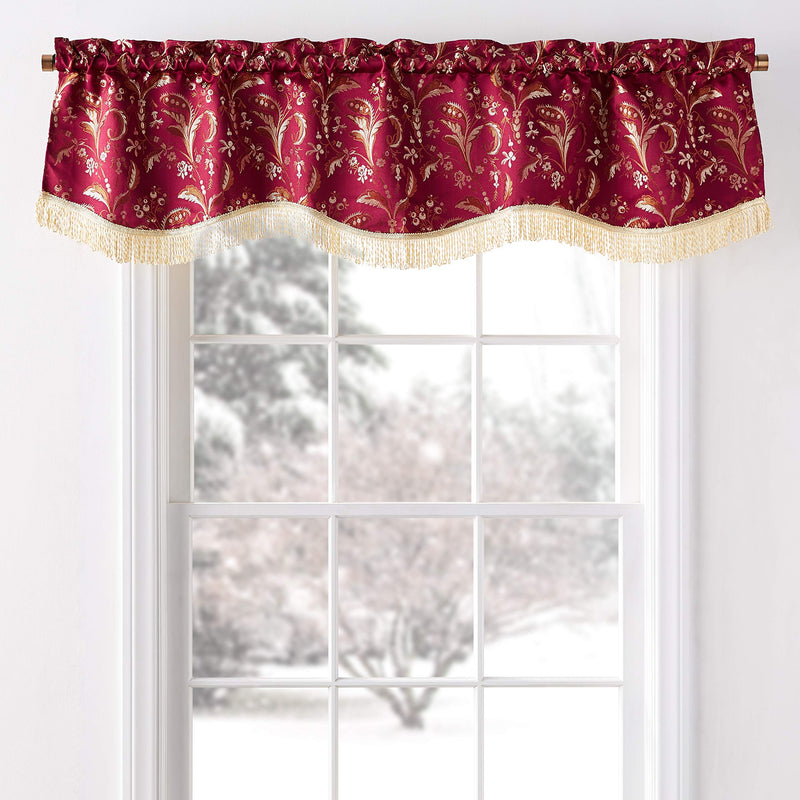 Violet Linen Luxury Damask Window Valance, 60" x 15", Burgundy, Gold Fringes - PawsPlanet Australia