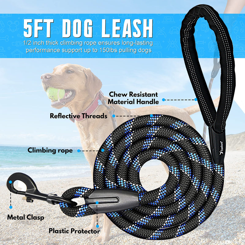 Candure Dog Lead with Soft Padded and Anti Slip Comfortable Rope Handle, 5 FT Strong Dog Leads, Highly Reflective Dog Leash for Puppy, Medium and Large Dogs Black - PawsPlanet Australia