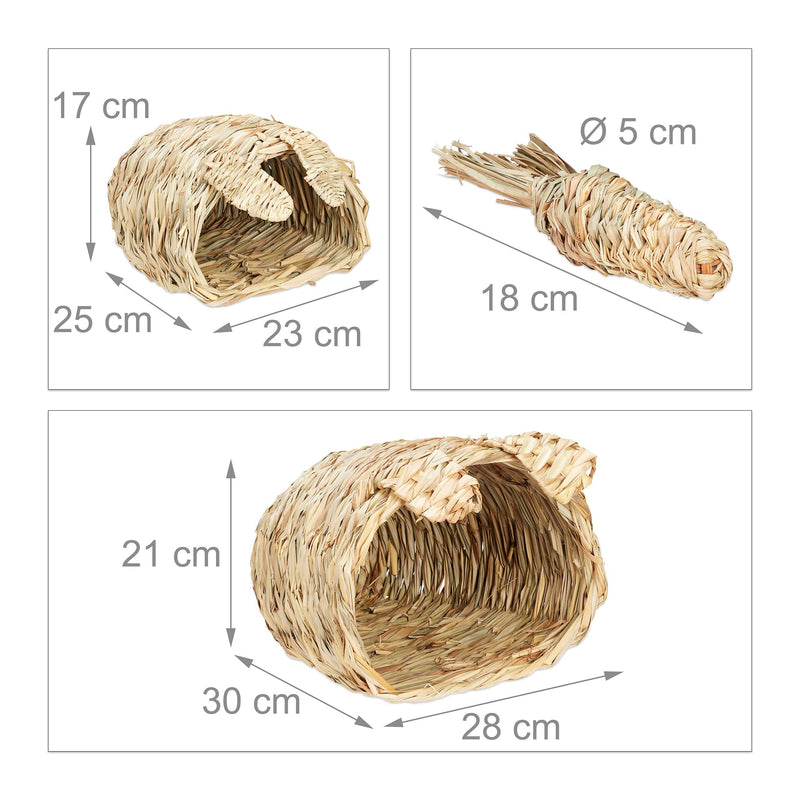 Relaxdays rabbit house, 3-piece set, grass houses, rabbit toys, small animal accessories for rodents, 2 sizes, natural - PawsPlanet Australia