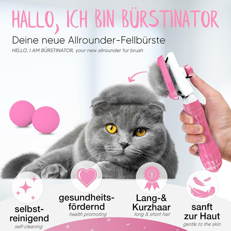 LÖWENKÖNIG® BÜRSTINATOR 2.0 Premium Cat Brush & Dog Brush Self-Cleaning for Short-Hair & Long-Hair Animals I Pet Brush Large, Fur Brush Removes Loose Undercoat & Matted Dog & Cat Hair Pink + Plush Balls & Accessories - PawsPlanet Australia