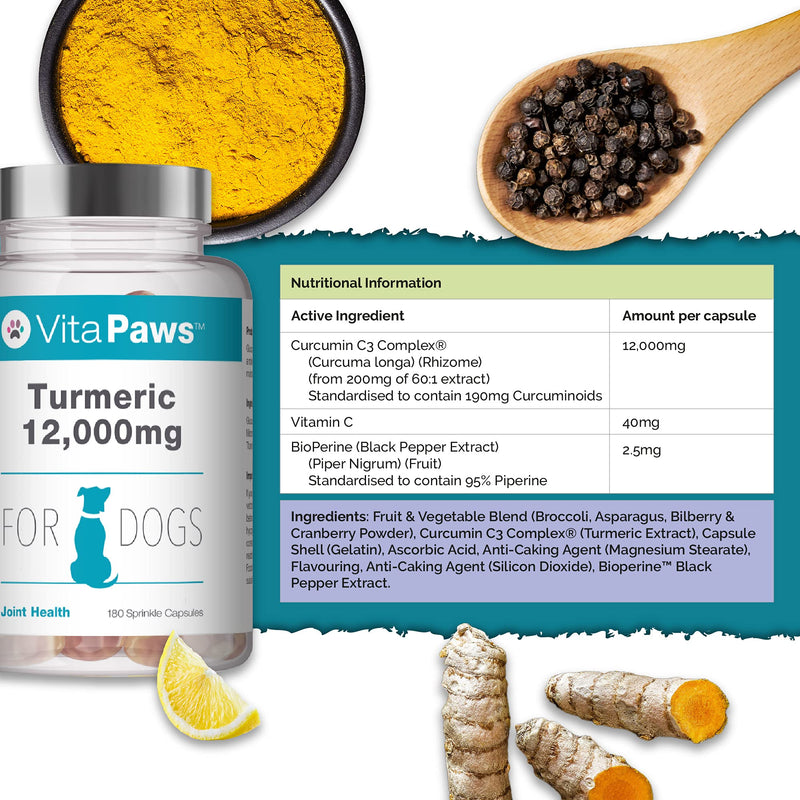 Curcumin/Turmeric 180 Capsules for Dogs 1500mg with Piperine | Popular Supplement for Joint Support | Manufactured in The UK - PawsPlanet Australia