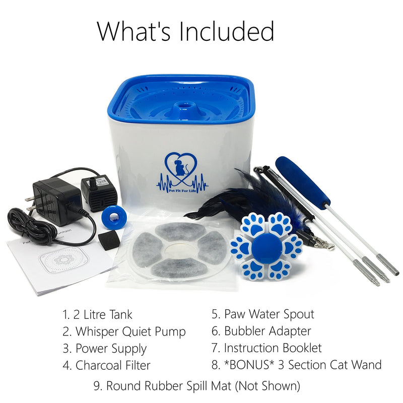 [Australia] - Pet Fit For Life Water Fountain Dispenser Plus Bonus Cat Wand and Mat - 2 Liter Super Quiet Automatic Water Bowl with Charcoal Filter for Dogs, Cats, Birds and Small Animals 