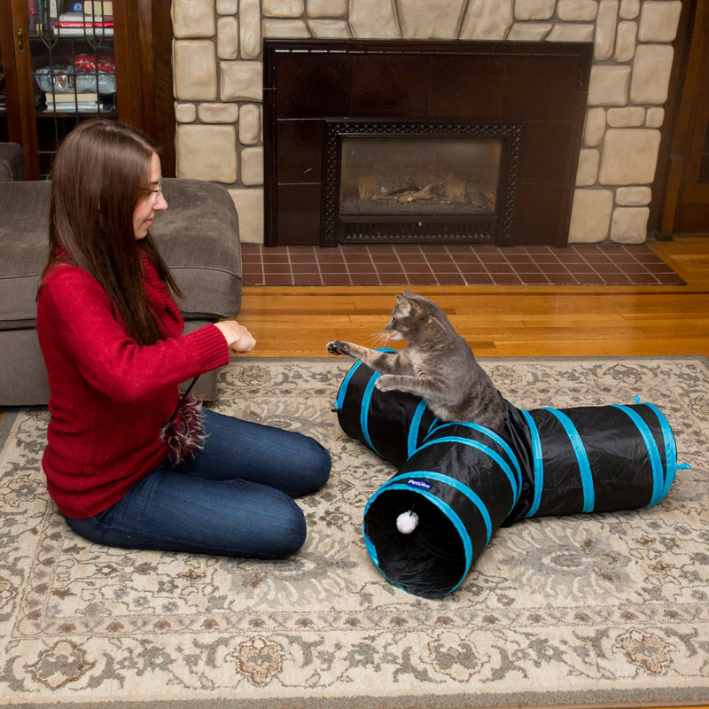 [Australia] - PetLike 3 Way Cat Tunnel for Indoor Cats Collapsible Pop-up Pet Tube Peek Hole Hideaway Play Toys for Cats with Ball black 