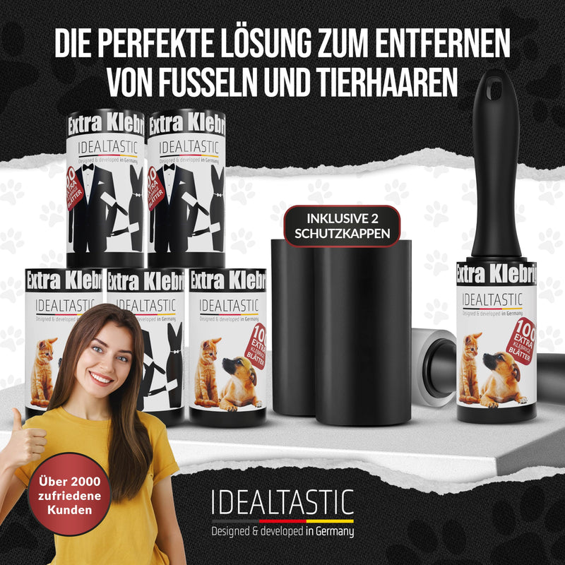 IDEALTASTIC® lint roller for animal hair and clothing in a value pack with 2x handles and 5x100 sheets, lint remover for clothes, extra sticky, animal hair remover easy to change, lint brush + dust protection, value pack (1 roller + 5x100 sheets). - PawsPlanet Australia