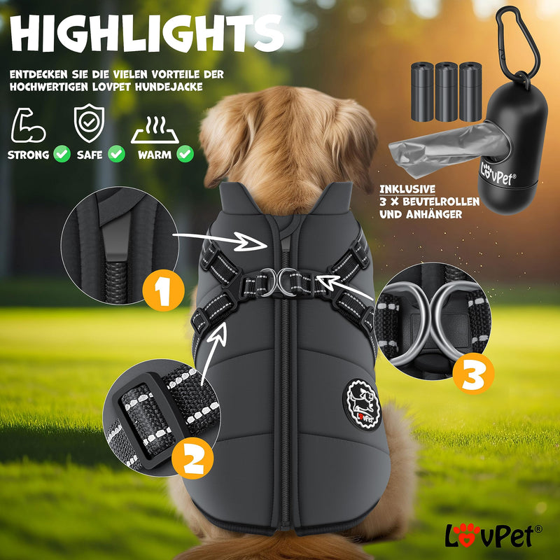 Lovpet® dog jacket dog coat with harness, including 45 poop bags + dispenser, dog winter vest lined waterproof, padded vest with chest strap, reflectors, D-ring XL, anthracite - PawsPlanet Australia