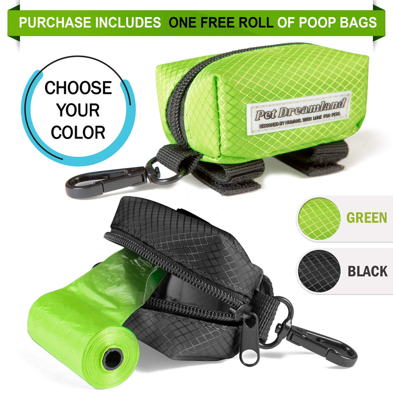 [Australia] - Dog Bag Dispenser - Pet Waste Bag Holder Leash Attachment - Includes one Free Roll of Poop Bags - Zippered Pouch, Hook&Loop Straps and Carabiner Clip for Easy Carry Black 